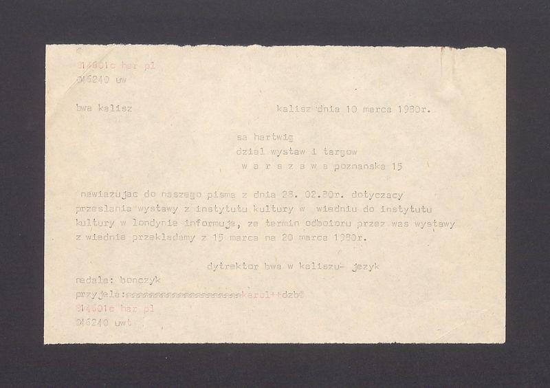 Nawiązując do naszego pisma z dnia 28.02.80 r. dotyczący przesłania wystawy [...]