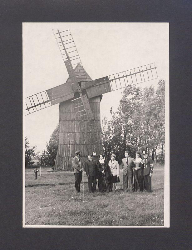 Siedmioosobowa grupa na tle wiatraka na Lednicy.