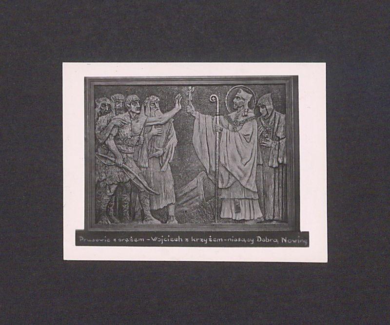 Płaskorzeźba ojca Efrema. Św. Wojciech z krzyżem niosący Dobrą Nowinę.