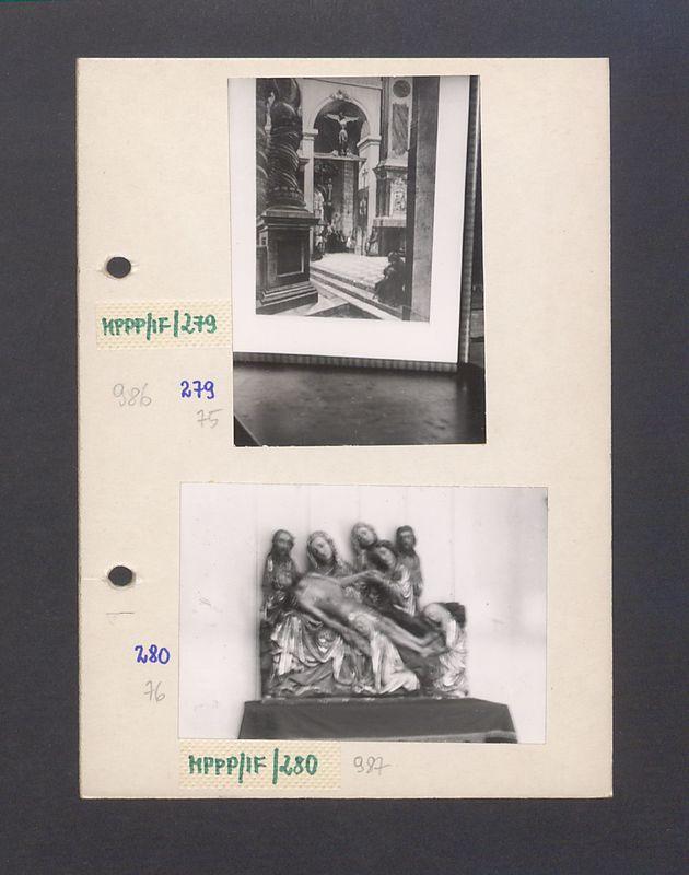 Obraz z wnętrzem katedry o wystroju barokowym.