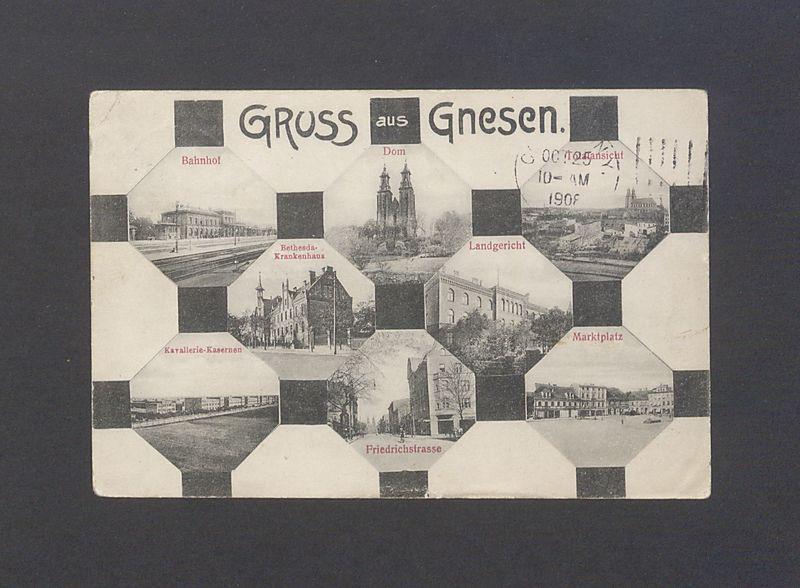 Gniezno. Dworzec, katedra, widok ogólny, szpital, koszary, ul. Chrobrego, Rynek.