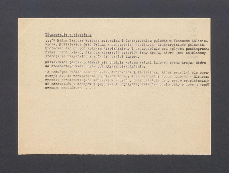 Tłumaczenie z włoskiego: "W małym teatrze wystawa rysownika i drzeworytnika polskiego [...]"