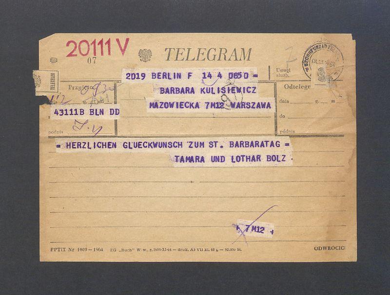 Telegram. Herzlichen Glueckwunsch zum St. Barbaratag [...]
