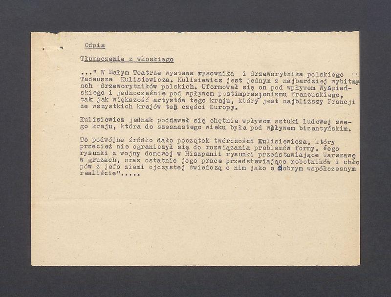 Odpis, tłumaczenie z włoskiego. "W małym teatrze wystawa rysownika i drzeworytnika polskiego [...]"