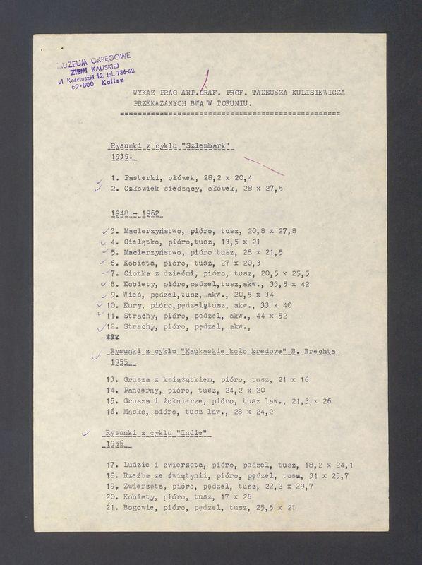Wykaz prac T. Kulisiewicza przekazanych BWA w Toruniu