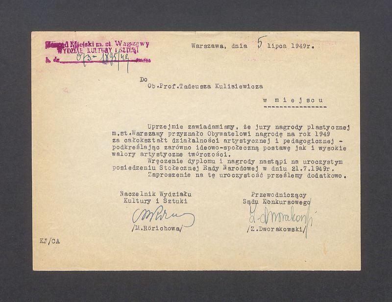 Uprzejmie zawiadamiamy, że jury nagrody plastycznej m. st. Warszawy przyznało Obywatelowi nagrodę [...]