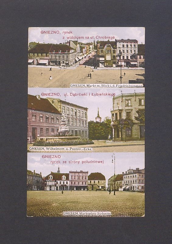 Widokówka wieloobrazkowa. Rynek z widokiem na ul. Chrobrego, ul. Dąbrówki i Łubieńskiego, Rynek od strony południowej.