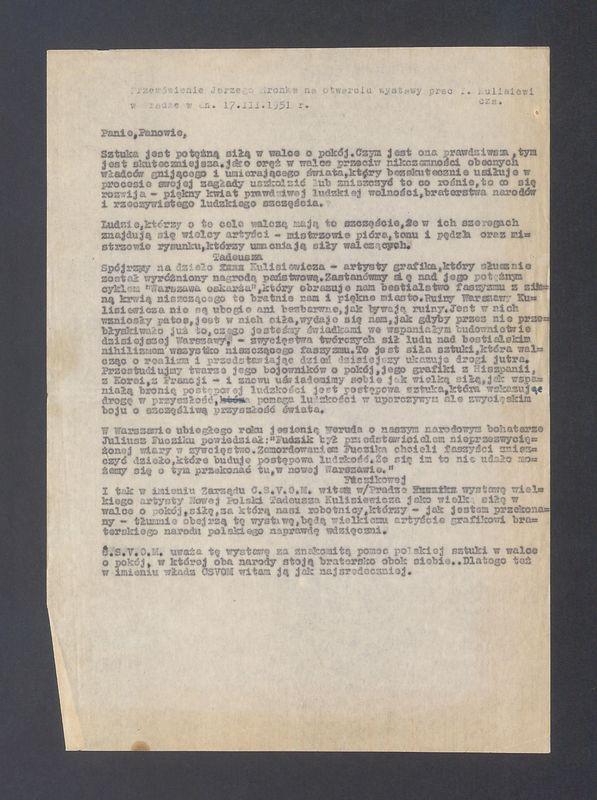 Przemówienie Jerzego Mronka na otwarciu wystawy prac Tadeusza Kulisiewicza w Pradze w dn. 17.III. 1951