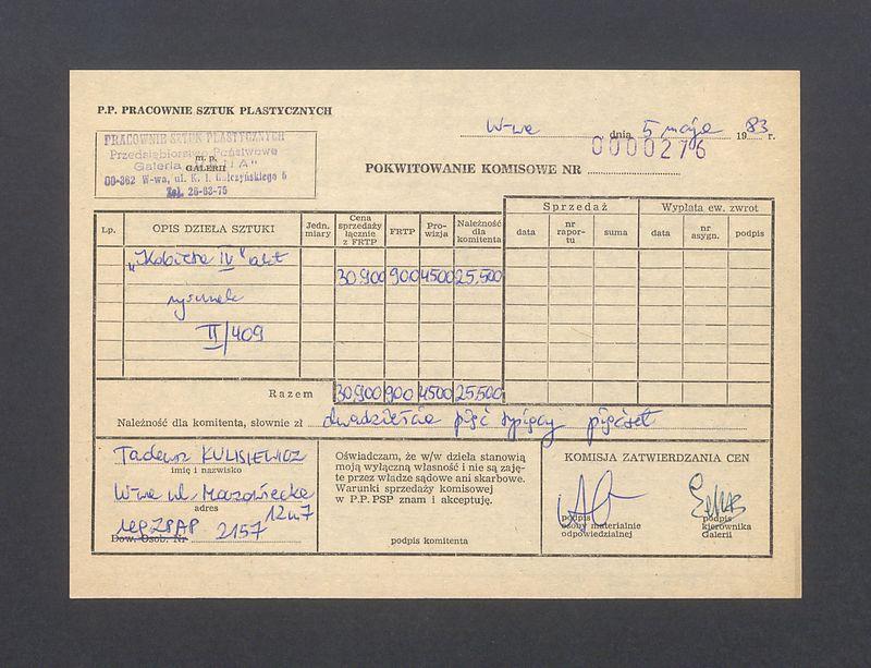 Pokwitowanie komisowe. "Kobieta IV" akt rysunek