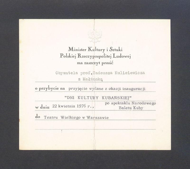 Zaproszenie na przyjęcie z okazji inauguracji "Dni Kultury Kubańskiej"