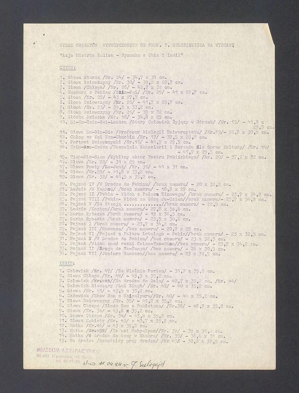 Protokół zdawczo-odbiorczy wypożyczenia prac T. Kulisiewicza do Muzeum Azji i Pacyfiku w Warszawie