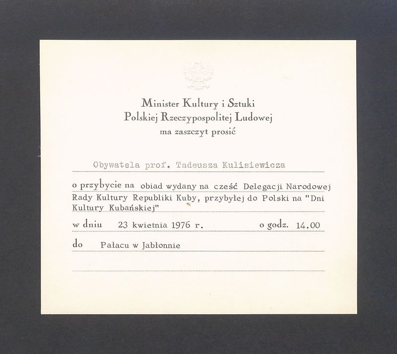 Zaproszenie na obiad wydany na cześć Delegacji Narodowej Rady Kultury Republiki Kuby