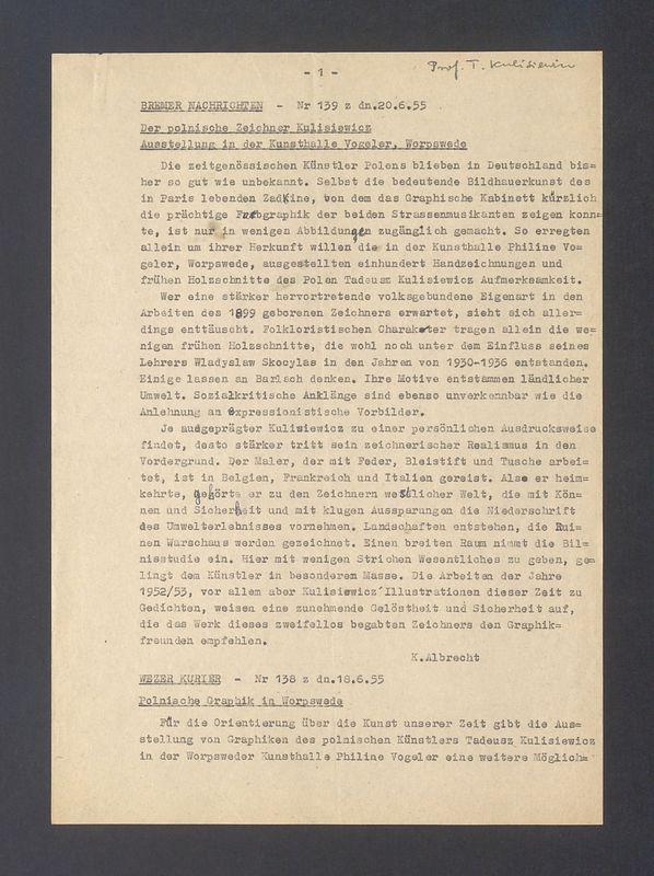 Bremer Nachrichten. Der polnische Zeichner Kulisiewicz Ausstellung in der Kunsthalle Vogeler