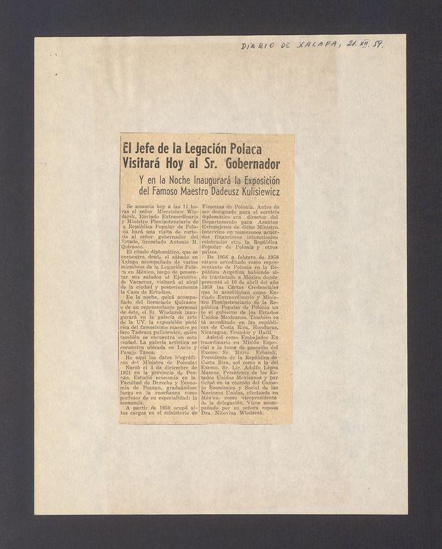 El Jefe de la Legacion Polaca Visitara Hoy al Sr. Gobernador