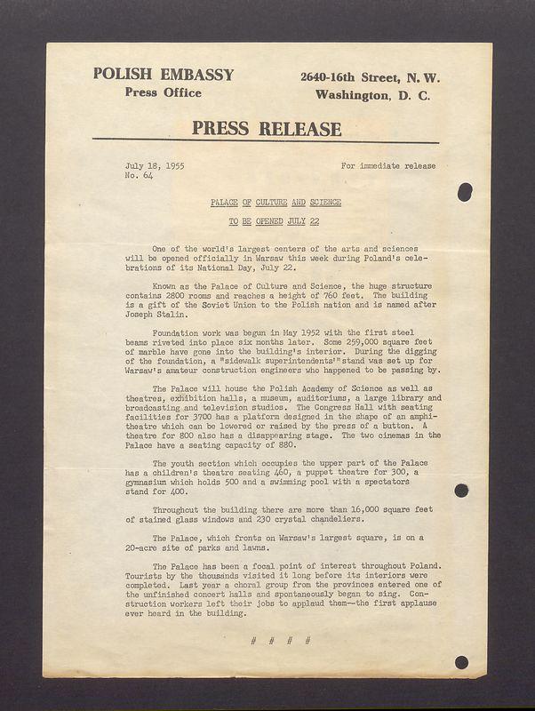 Palace of culture and science to be opened july 22