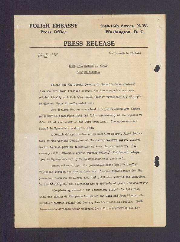 Press release. Odra-Nysa border is final says ccommunique