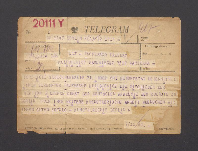 Telegram. Herzliche glueckwuensche zu ihrem 65. Geburtstag [...]