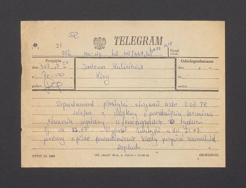 Telegram. Departament Plastyki otrzymał w dn. 2.07 PR telefon [...]