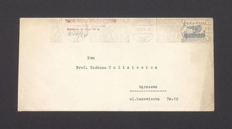 Koperta, adr. Pan Prof. Tadeusz Kulisiewicz
