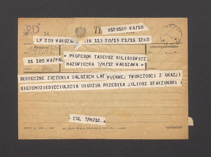 Telegram. Serdeczne życzenia dalszych lat pięknej twórczości [...]