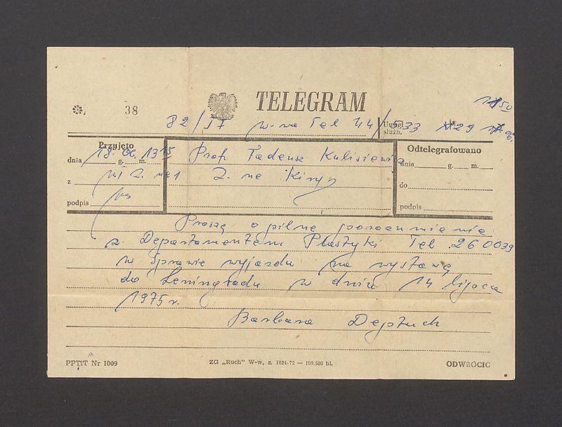 Telegram. Proszę o pilne porozumienie z Departamentem Plastyki [...]