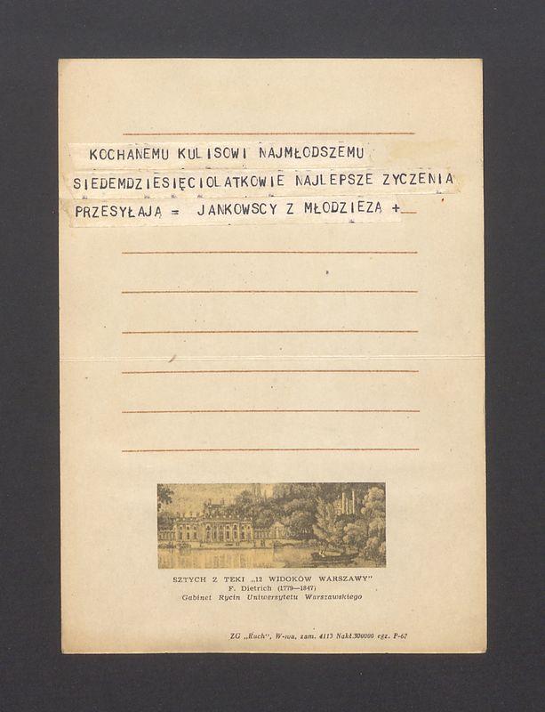 Telegram. Kochanemu Kulisowi najmłodszemu siedemdziesięciolatkowi [...]