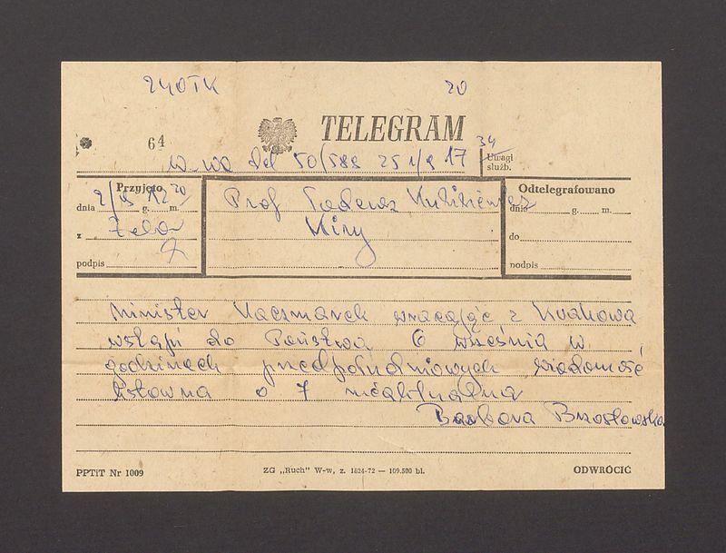 Telegram. Minister Kaczmarek wracając z Krakowa wstąpi do Państwa [...]