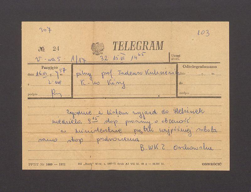 Telegram. Zgodnie z listem wyjazd do Helsinek [...]