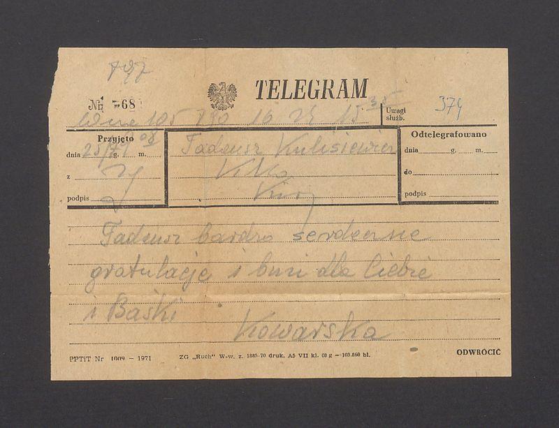 Telegram. Tadeusz bardzo serdeczne gratulacje [...]