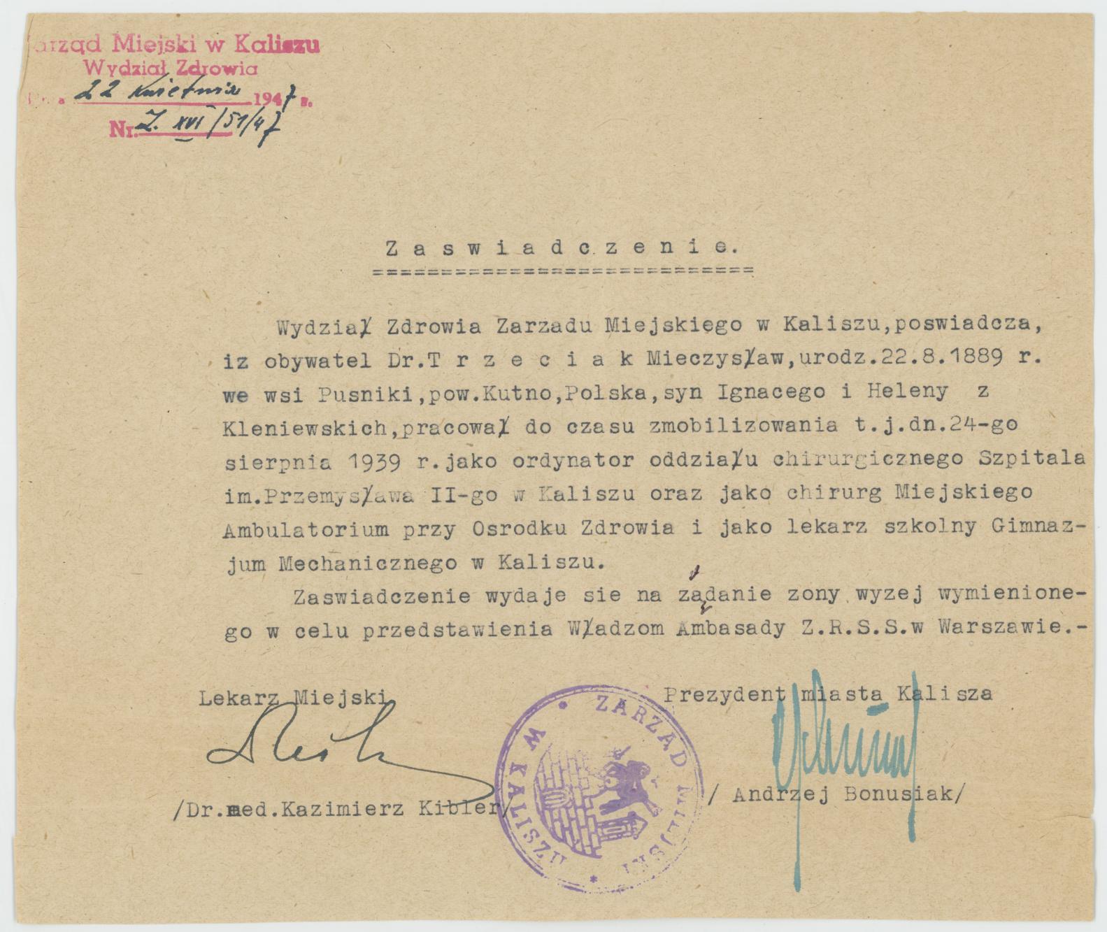 Zaświadczenie o pracy Mieczysława Trzeciaka w różnych ośrodkach medycznych