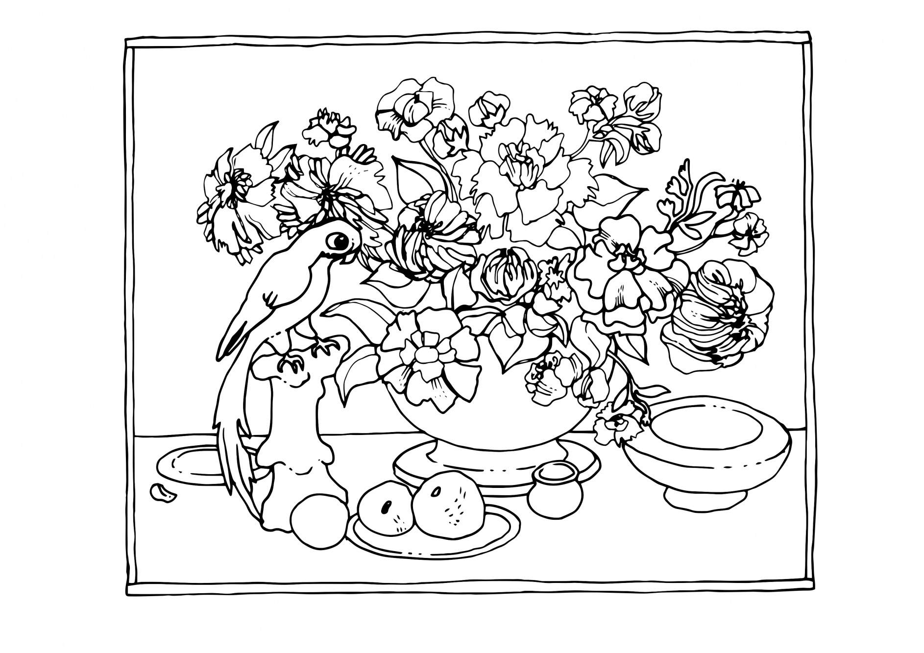 Chryzantemy i papuga do kolorowania