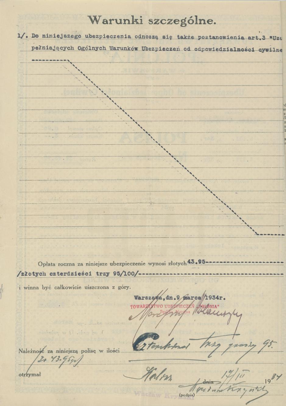 Polisa nr 100.173 Towarzystwa Akcyjnego Polonia na nazwisko Mieczysław Trzeciak