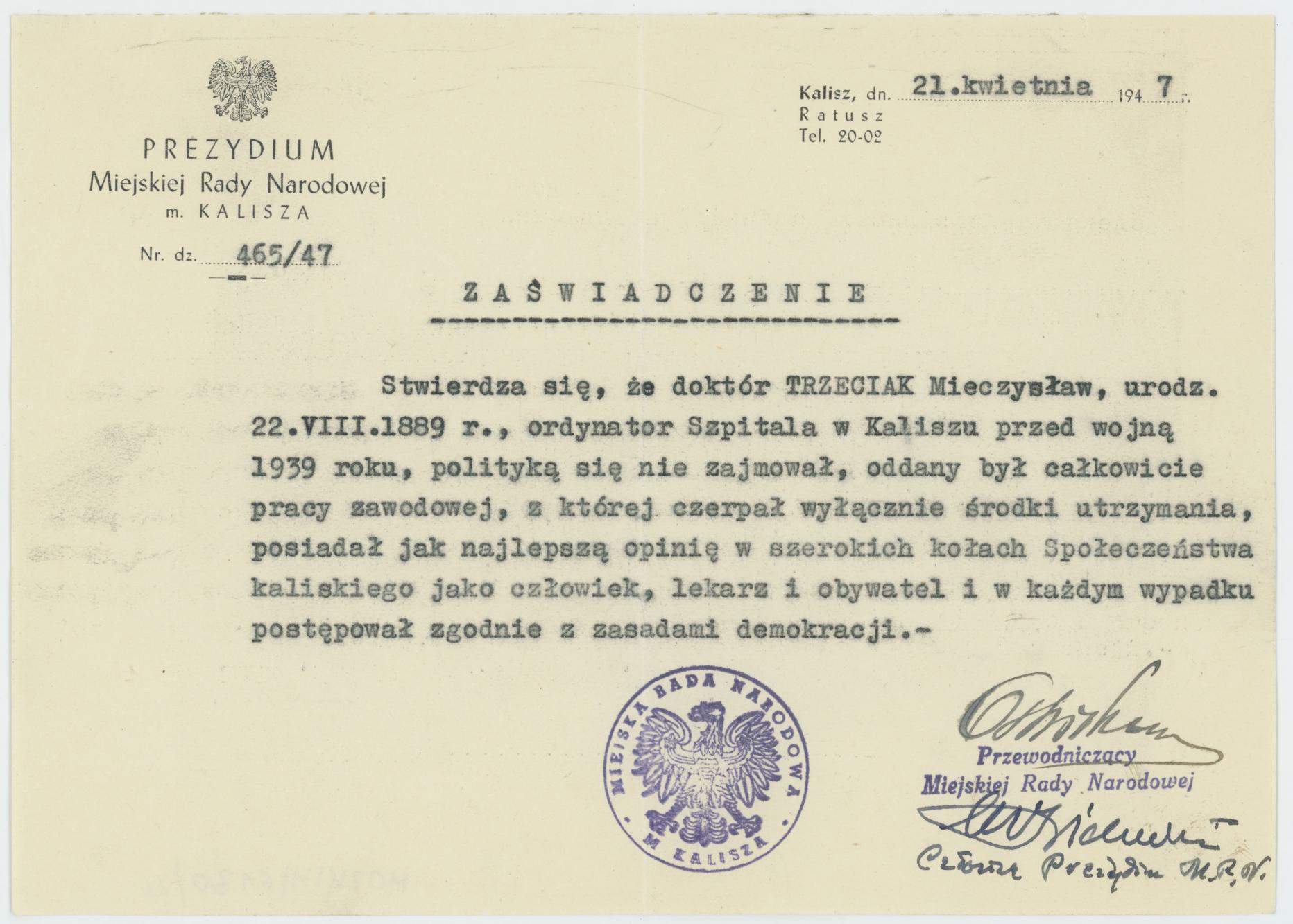 Opinia Prezydium MRN m. Kalisza o Mieczysławie Trzeciaku