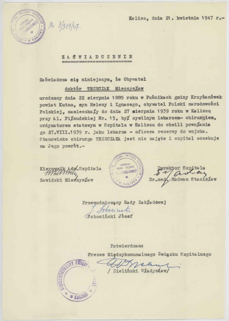 Zaświadczenie o pracy Mieczysława Trzeciaka w Szpitalu w Kaliszu