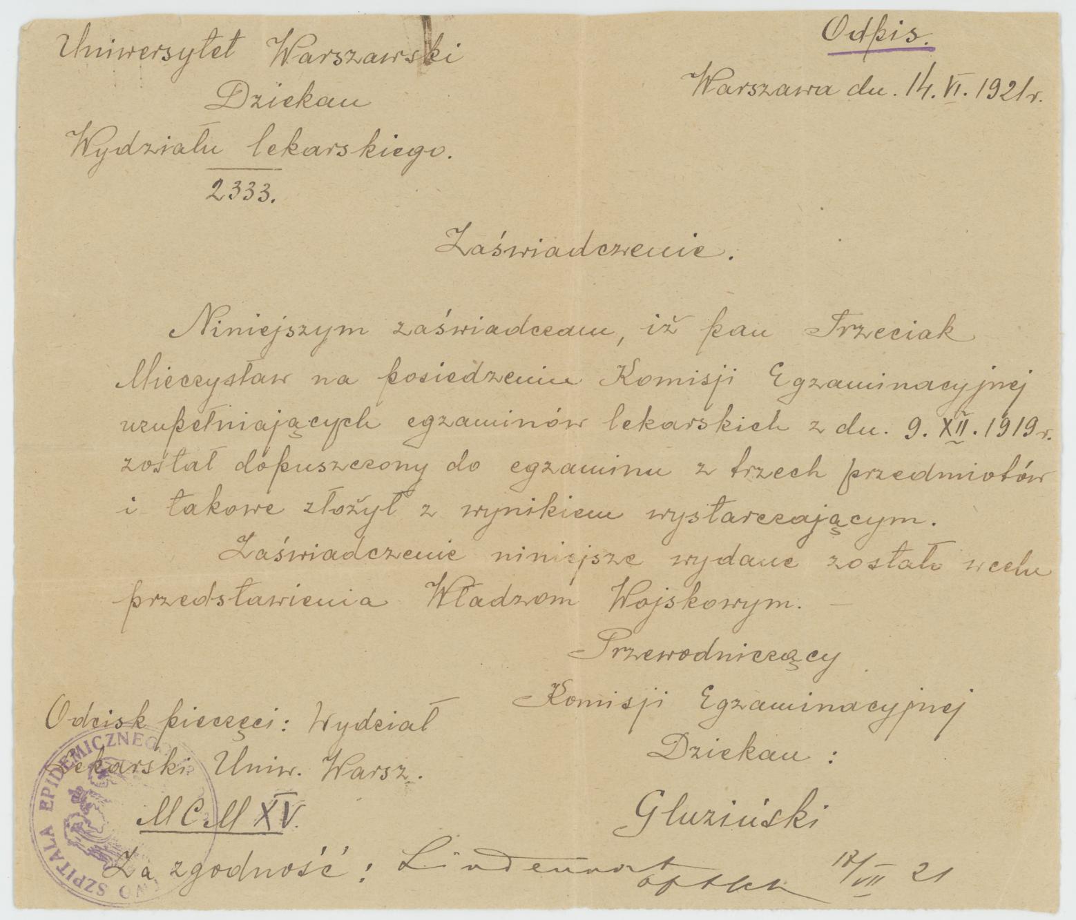 Zaświadczenie potwierdzające złożenie przez Mieczysława Trzeciaka egzaminu z trzech przedmiotów