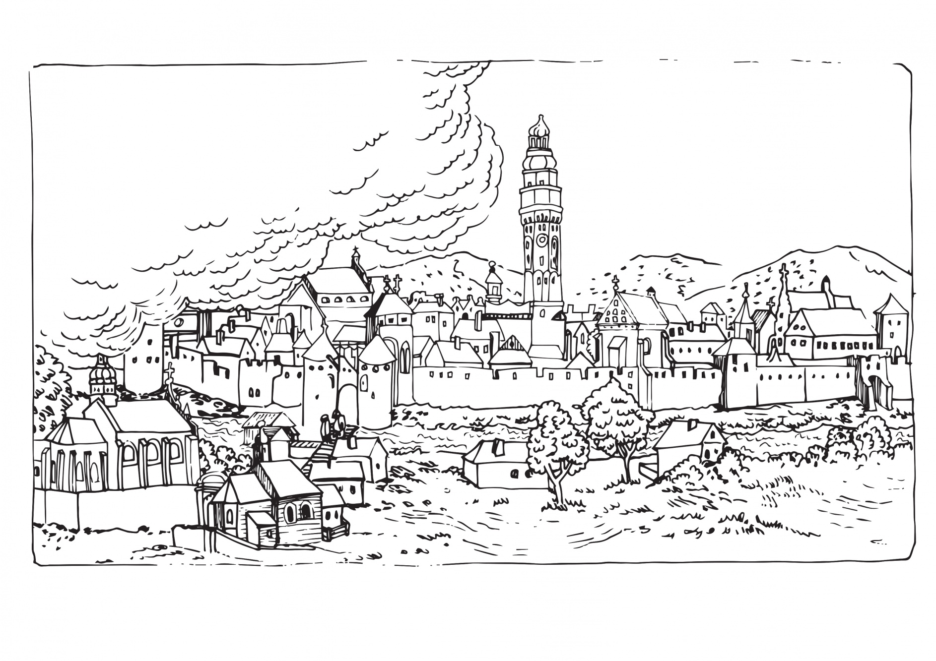 Panorama średniowiecznego Kalisza do kolorowania