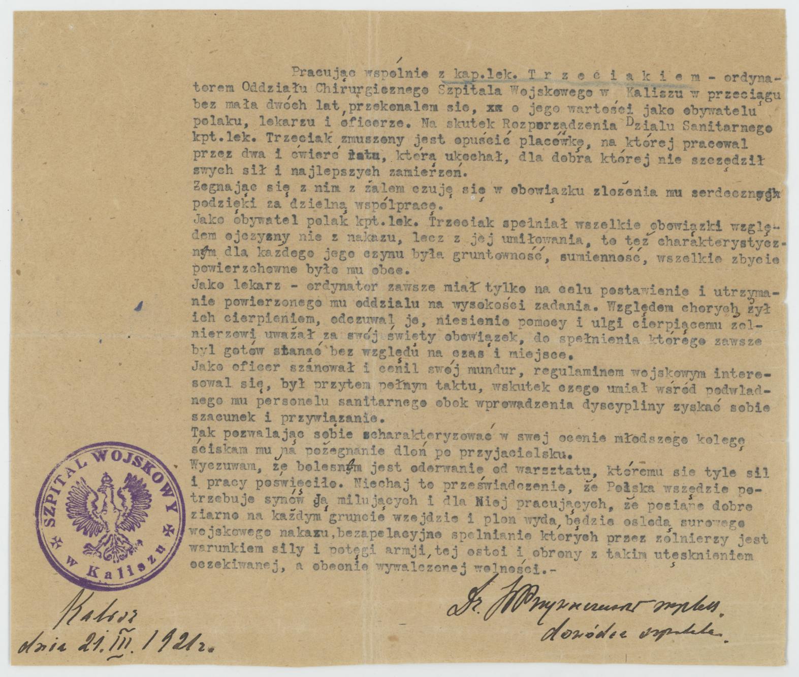 Opinia wojskowa o Mieczysławie Trzeciaku