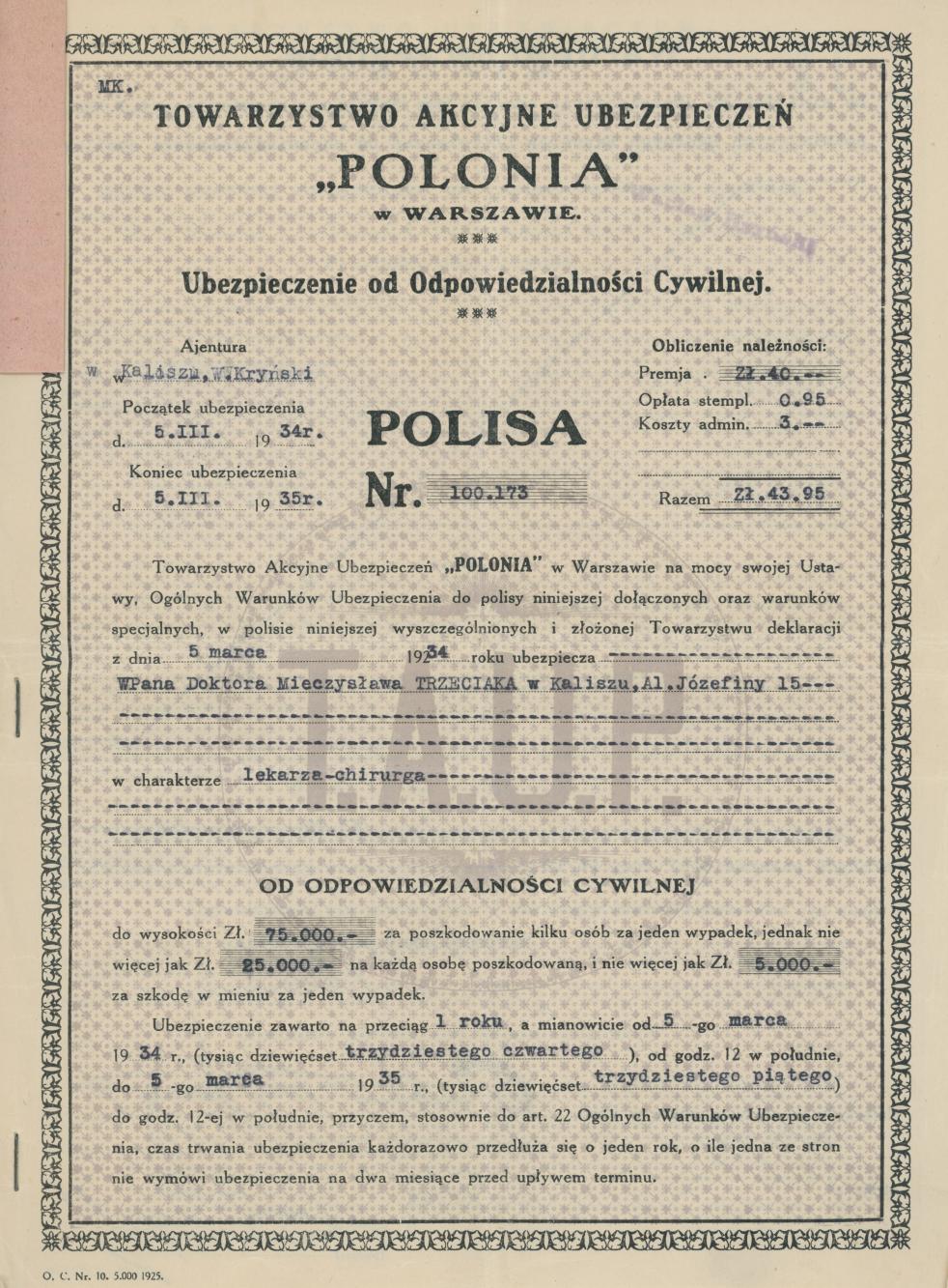 Polisa nr 100.173 Towarzystwa Akcyjnego Polonia na nazwisko Mieczysław Trzeciak