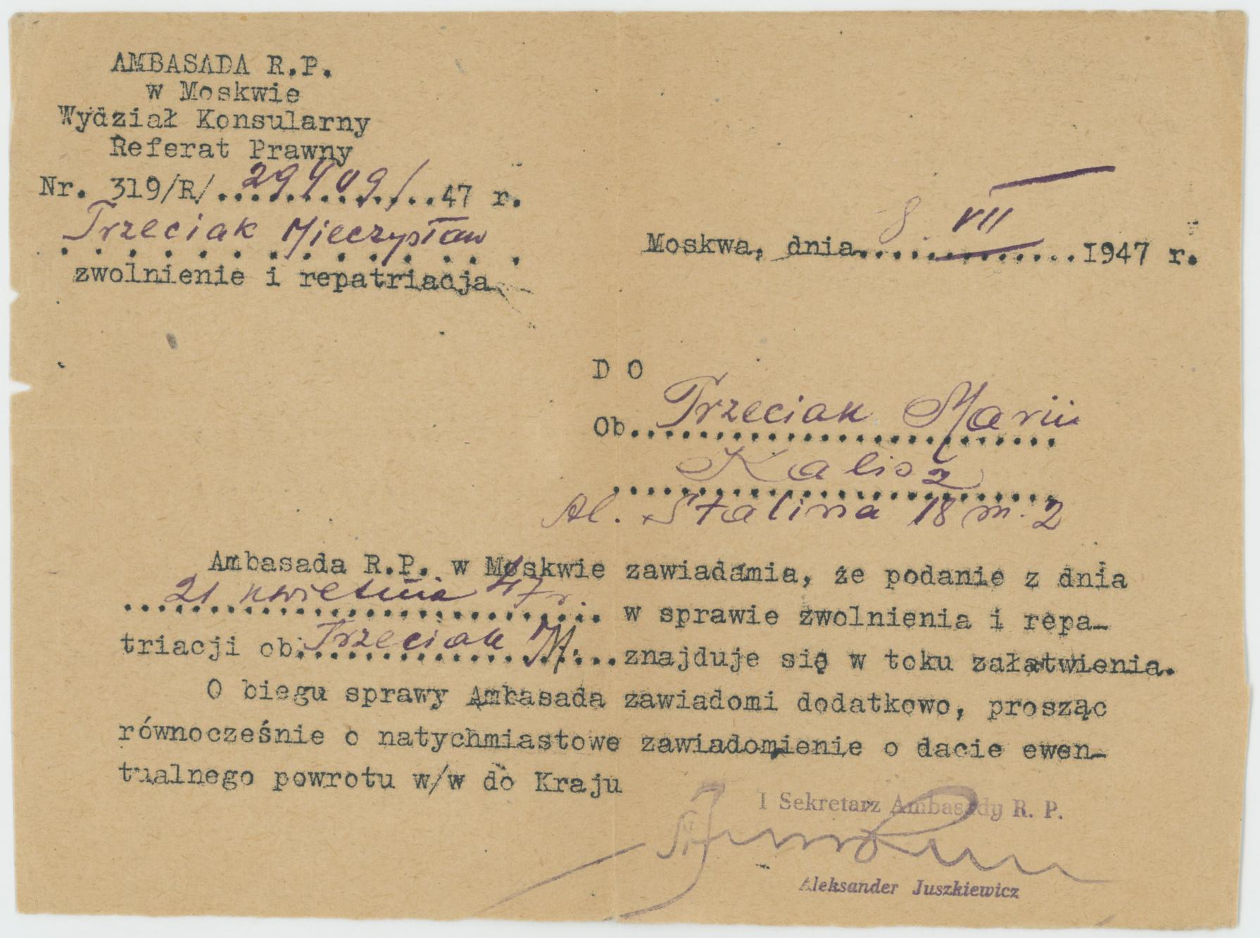 Pismo Ambasady w Moskwie o trybie zwolnienia i repatriacji Mieczysława Trzeciaka