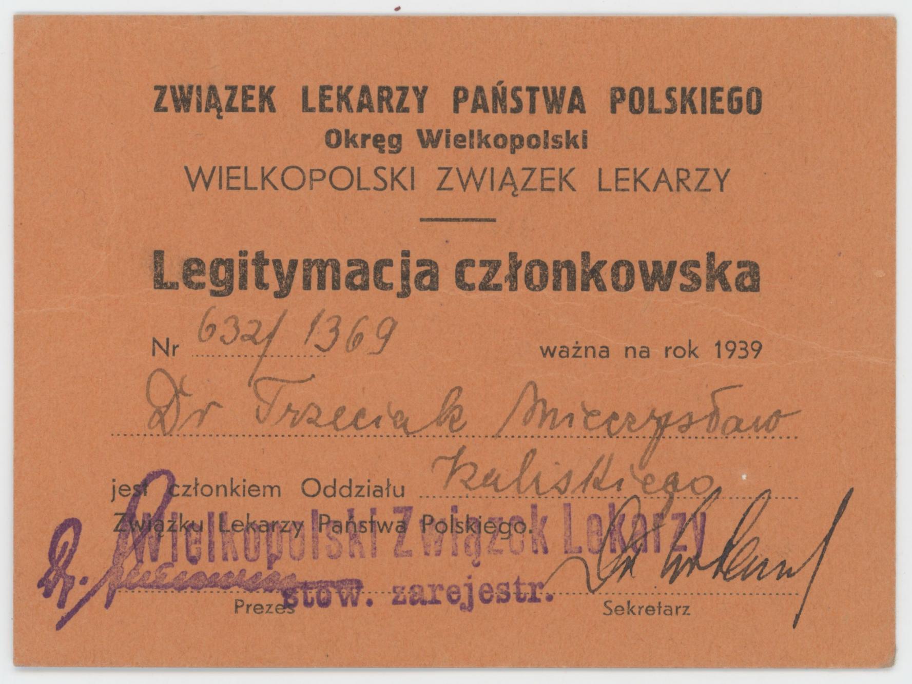 Legitymacja członkowska Związku Lekarzy Państwa Polskiego na nazwisko Mieczysława Trzeciaka