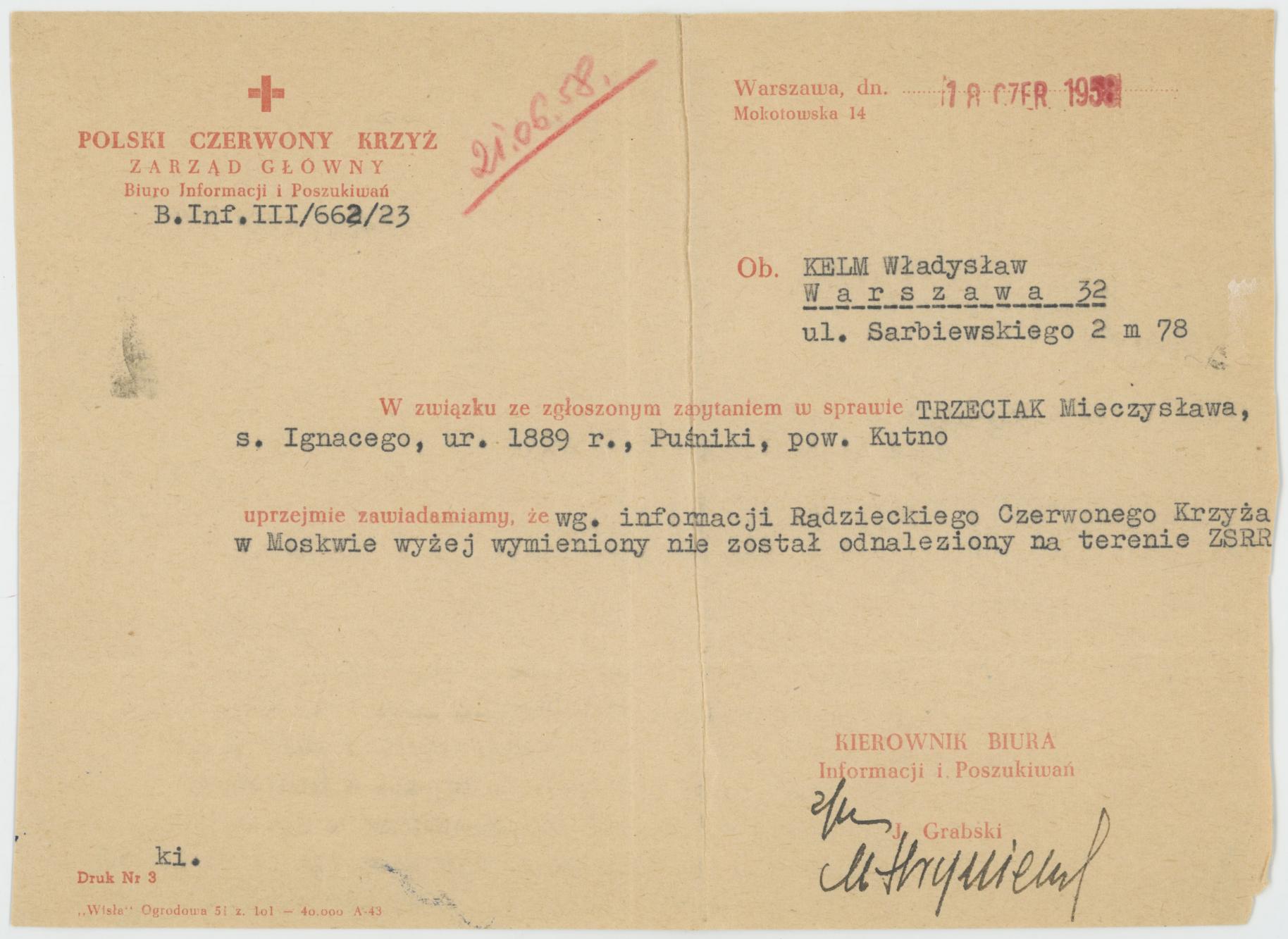 Pismo PCK do W. Kelma o nieodnalezieniu Mieczysława Trzeciaka