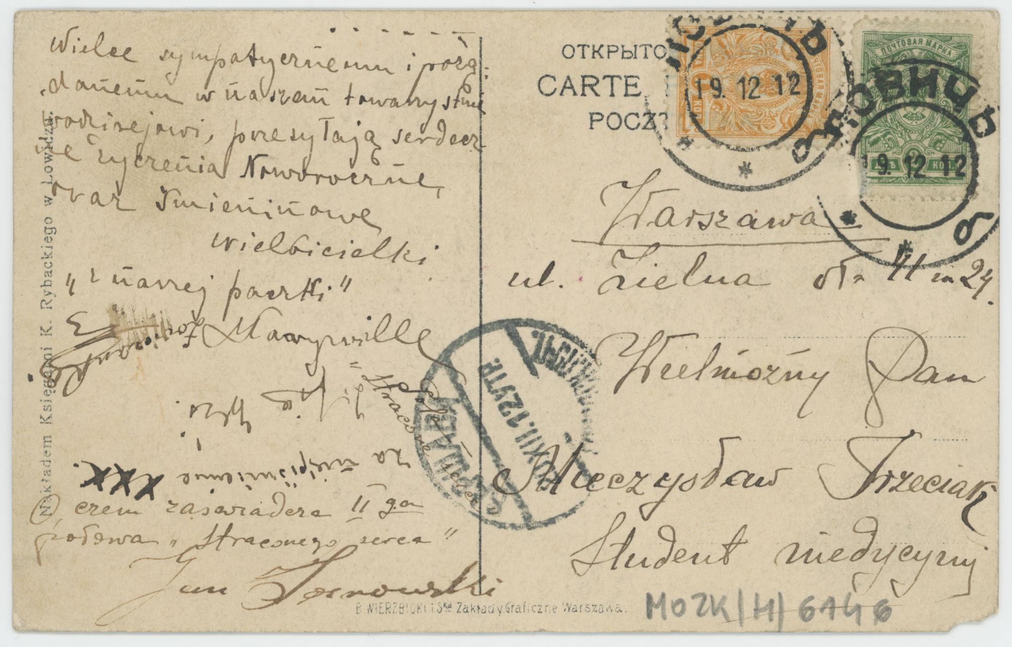 Kartka pocztowa adresowana do Mieczysława Trzeciaka