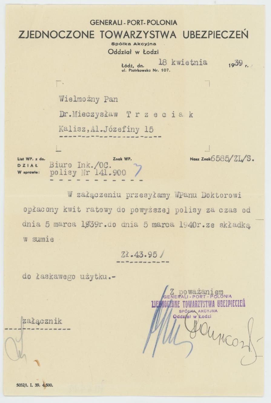 Pismo od Generali-Port-Polonia do Mieczysława Trzeciaka
