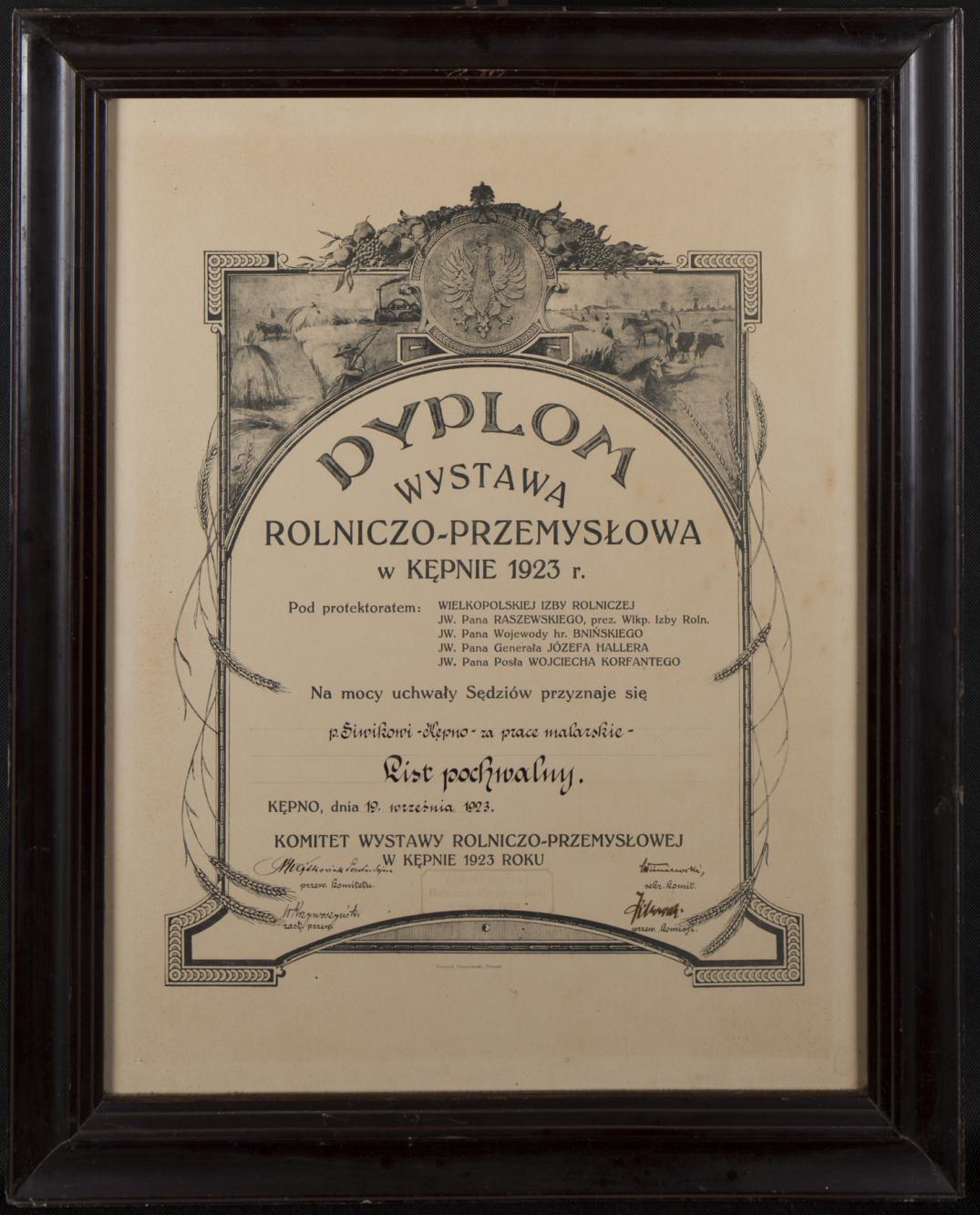 Dyplom Wystawy Rolniczo-Przemysłowej w Kępnie 1923 r.