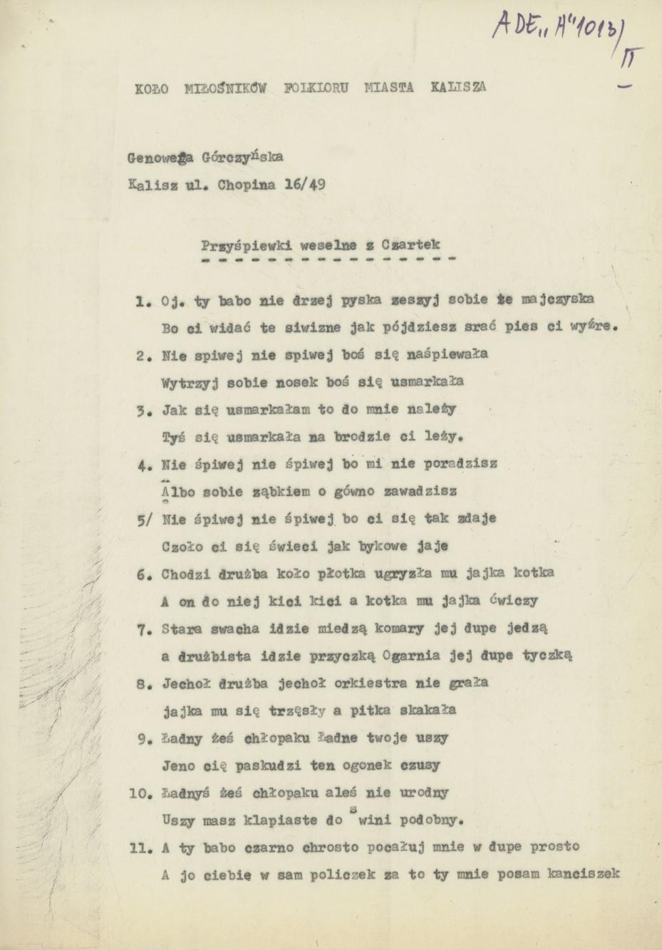 Przyśpiewki weselne z Czartek