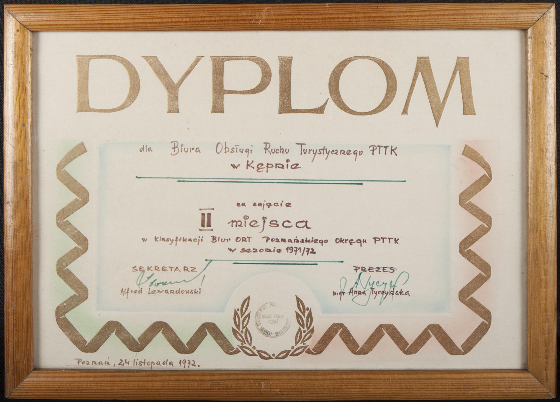 Dyplom dla Biura Obsługi Ruchu Turystycznego PTTK w Kępnie