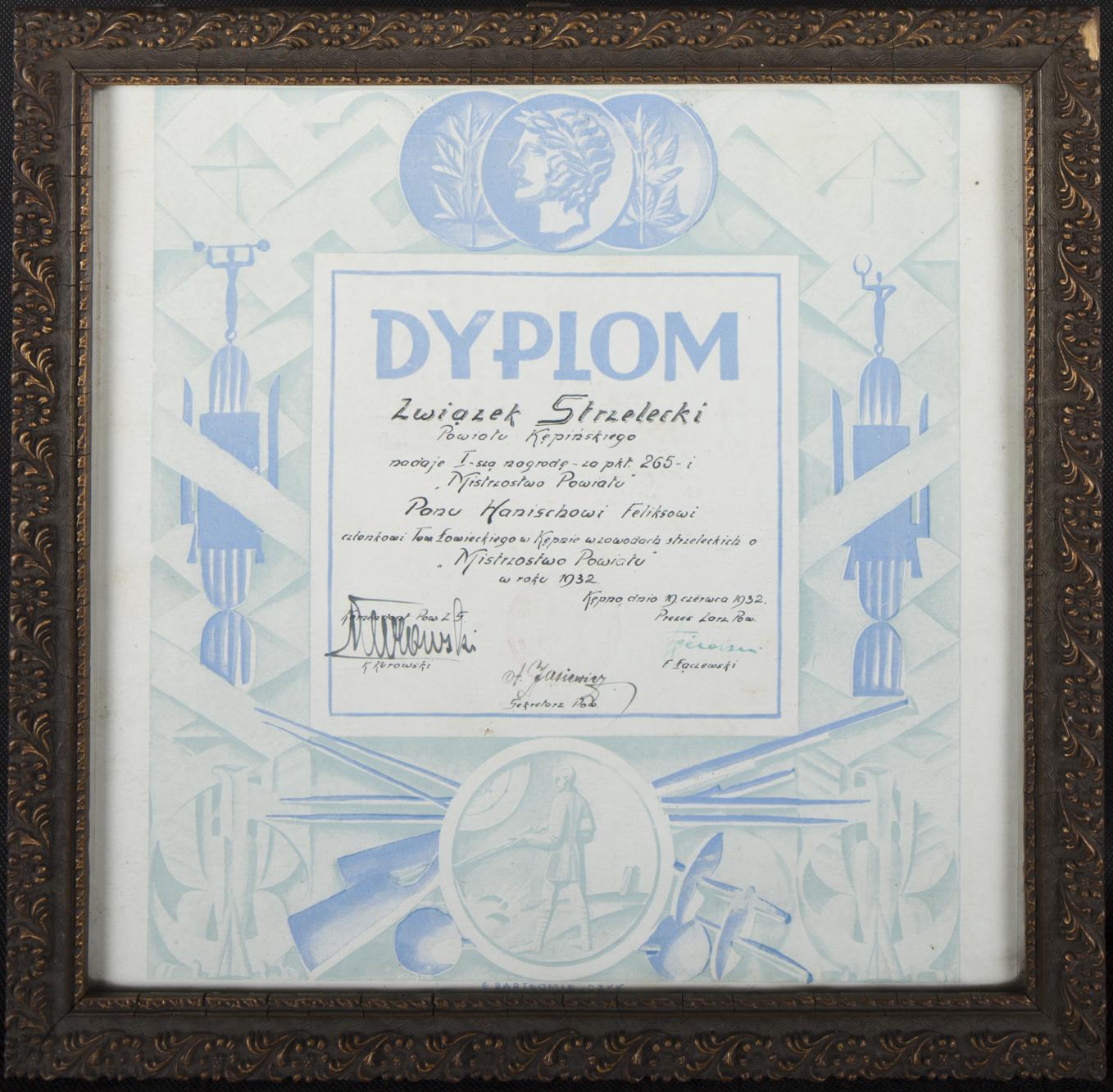 Dyplom Związku Strzeleckiego Powiatu Kępińskiego dla Feliksa Hanischa