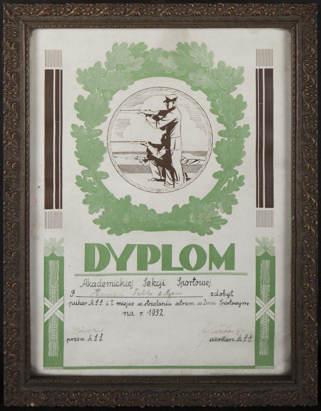 Dyplom Akademickiej Sekcji Sportowej dla Feliksa Hanischa z Kępna