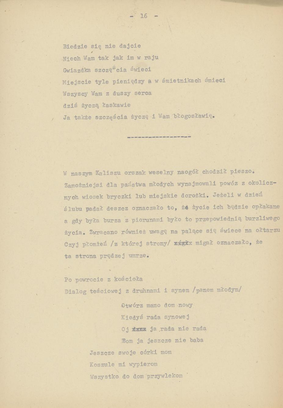 Śpiewy ludowe weselne na terenie miasta Kalisza i powiatu śpiewane dowcipy i przysłowia