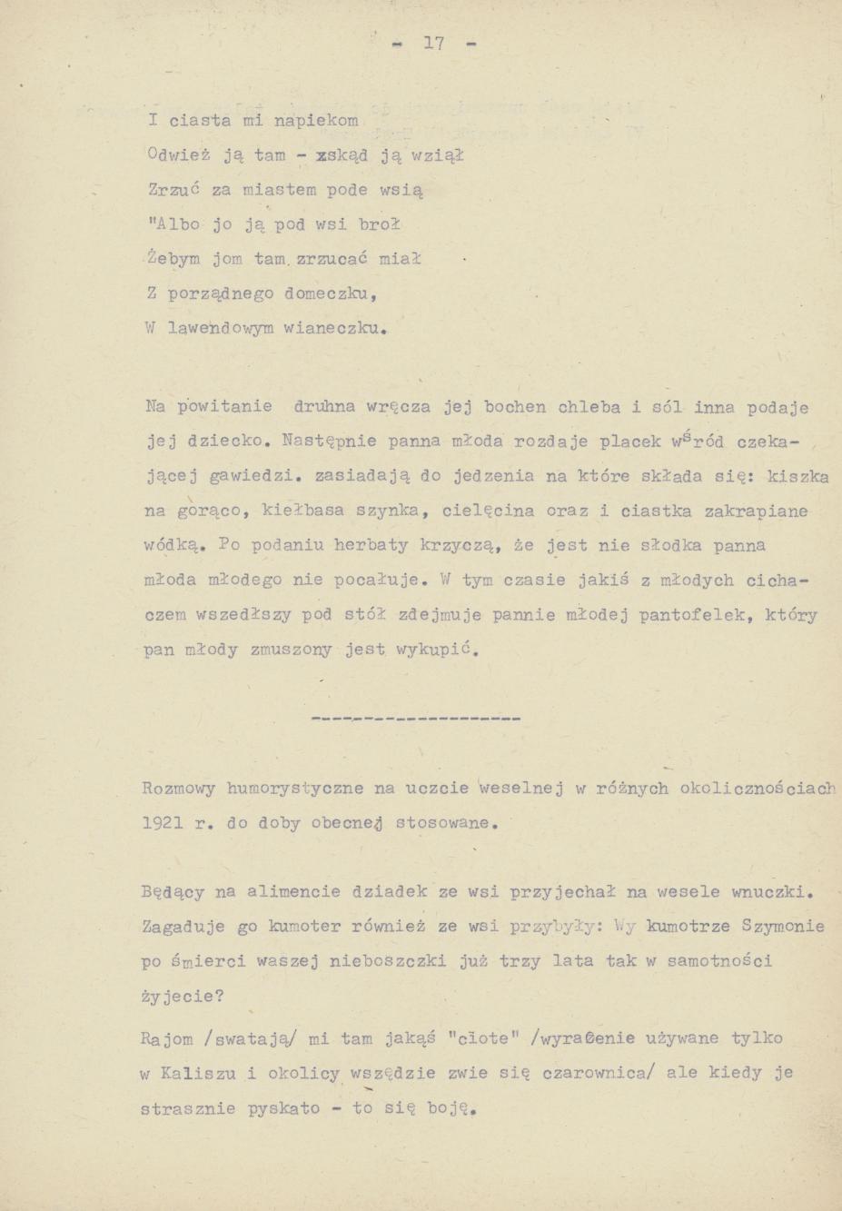 Śpiewy ludowe weselne na terenie miasta Kalisza i powiatu śpiewane dowcipy i przysłowia